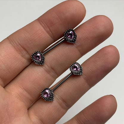 14 Gauge 9/16 Pink Gem Regal Valentine Heart Barbell Nipple Ring Set