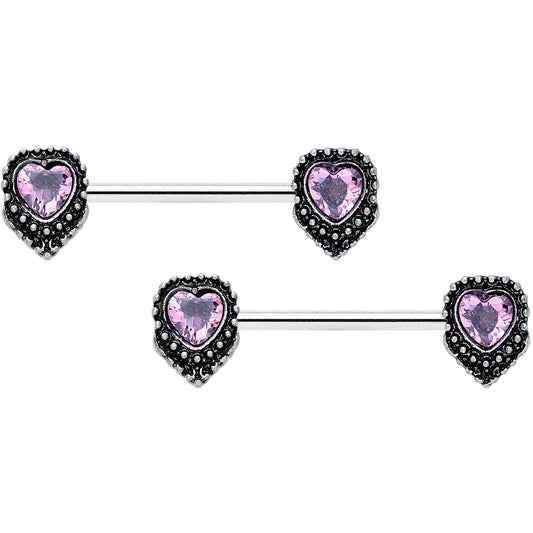 14 Gauge 9/16 Pink Gem Regal Valentine Heart Barbell Nipple Ring Set