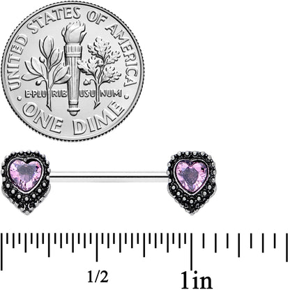 14 Gauge 9/16 Pink Gem Regal Valentine Heart Barbell Nipple Ring Set