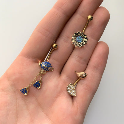 Gold Tone Blue Teacups Teapot Dangle Belly Ring