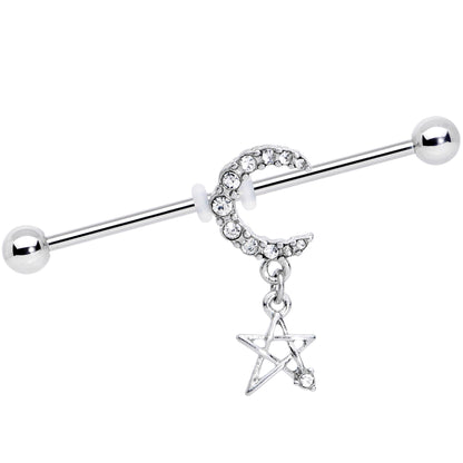 14 Gauge Clear Gem Moon Star Dangle Industrial Barbell 38mm