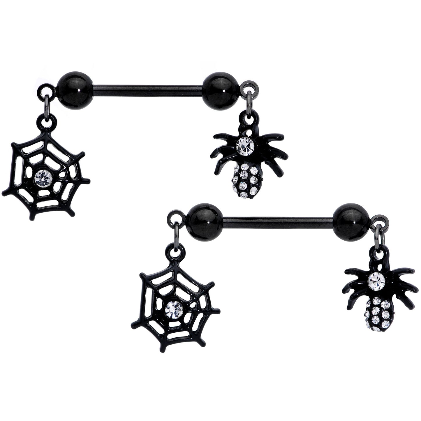 14 Gauge 9/16 Clear Gem Black Spider Web Dangle Barbell Nipple Ring Set