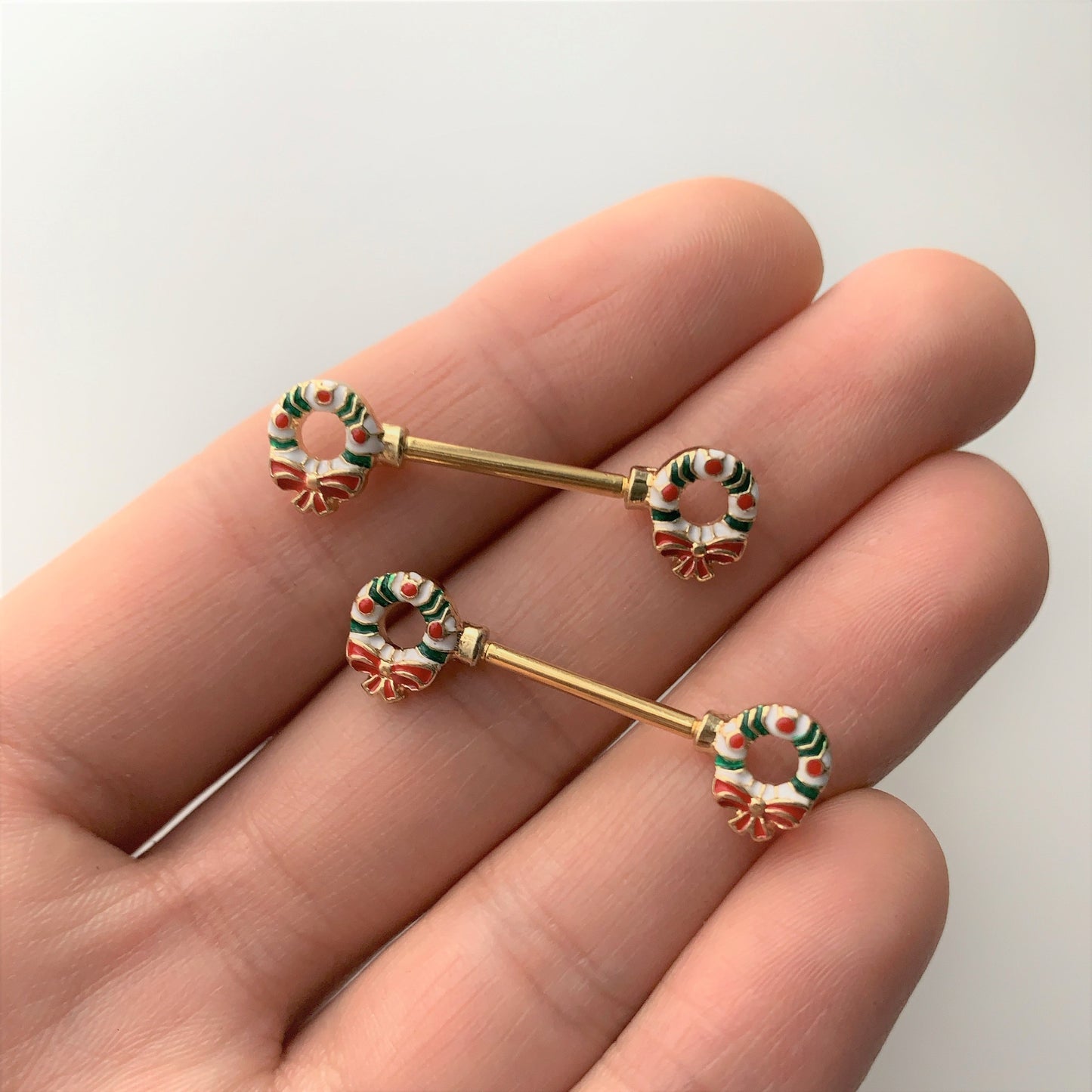 14 Gauge 9/16 Gold Tone Christmas Wreath Barbell Nipple Ring Set