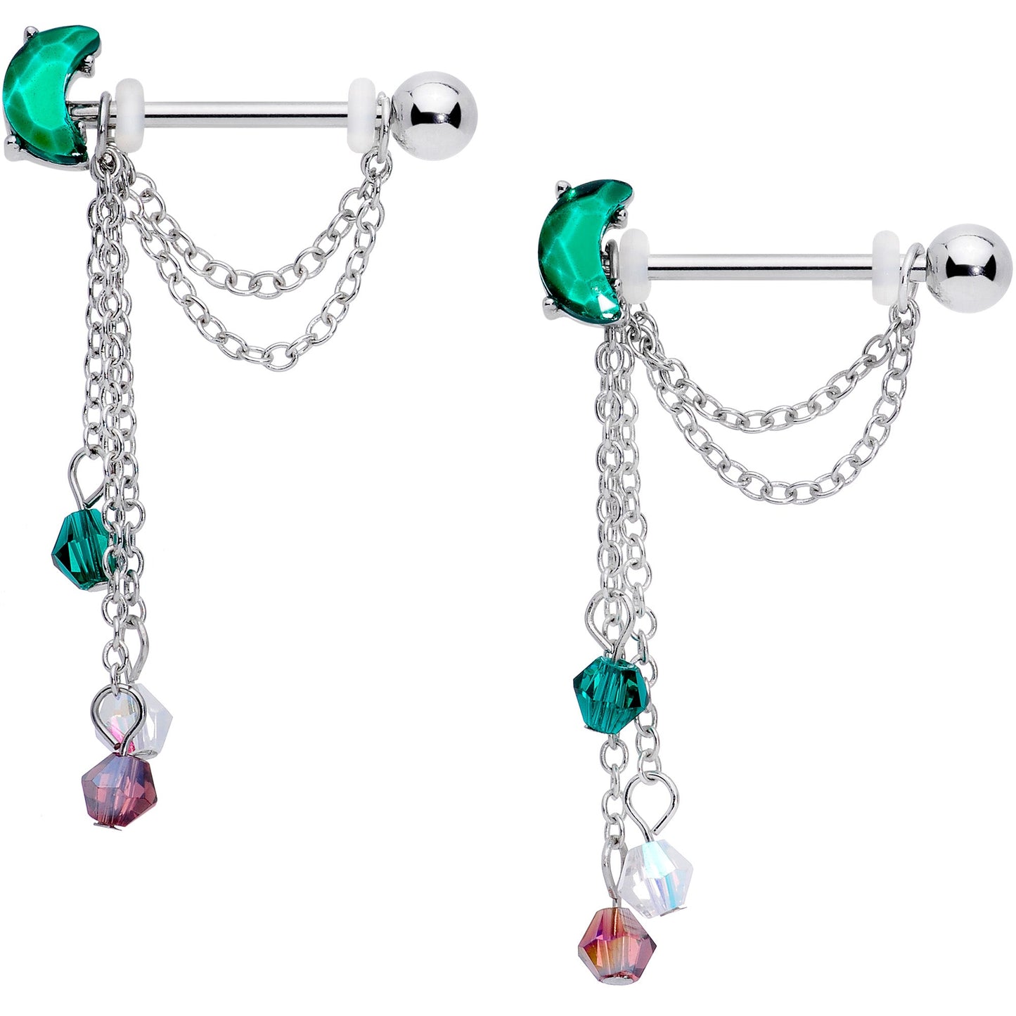 14 Gauge 9/16 Clear Green Gem Moon Trio Dangle Barbell Nipple Ring Set