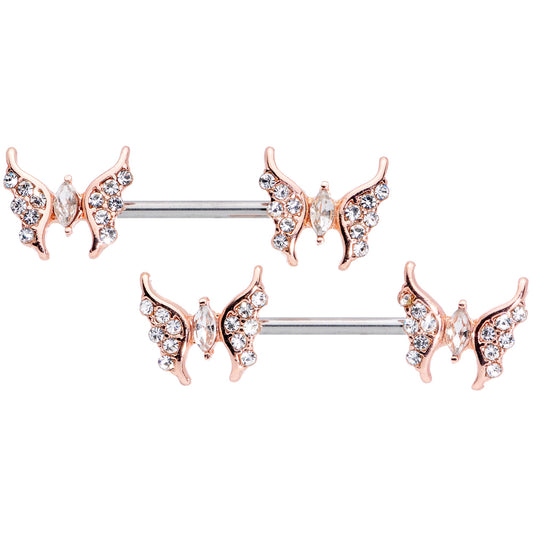 14 Gauge Clear CZ Gem Rose Gold Hue Drama Butterfly Barbell Nipple Ring Set