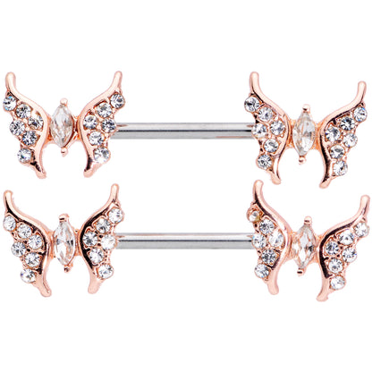 14 Gauge Clear CZ Gem Rose Gold Hue Drama Butterfly Barbell Nipple Ring Set