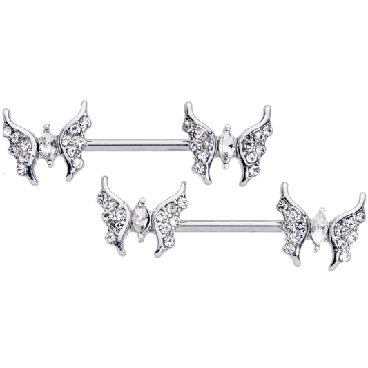 14 Gauge 9/16 Clear CZ Gem Drama Butterfly Barbell Nipple Ring Set