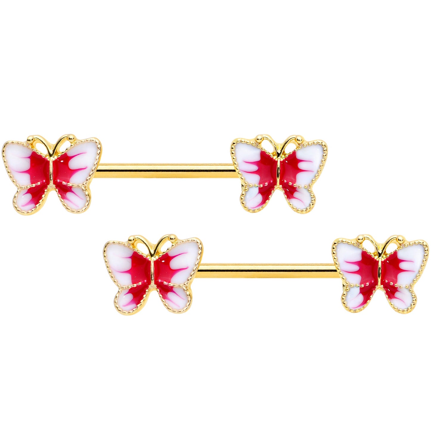 14 Gauge 9/16 Gold Tone White Red Butterfly Barbell Nipple Set