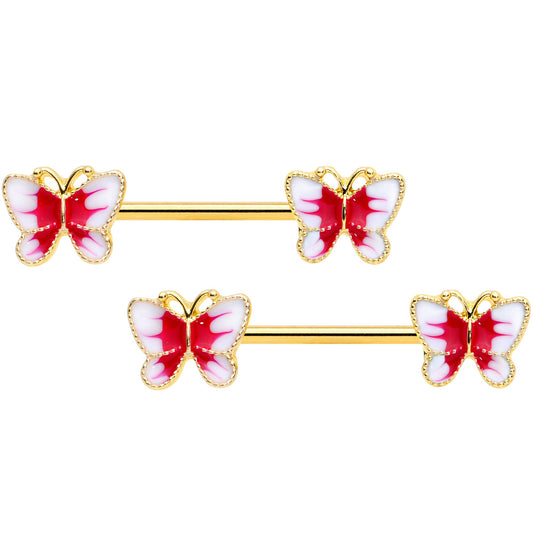 14 Gauge 9/16 Gold Tone White Red Butterfly Barbell Nipple Set