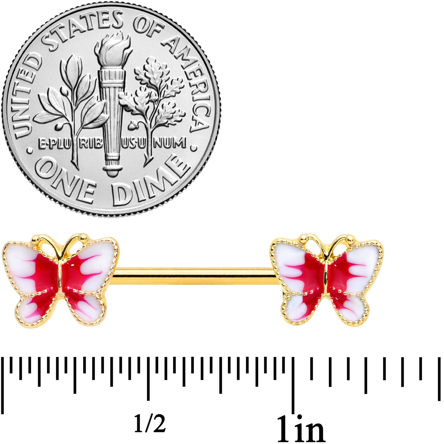 14 Gauge 9/16 Gold Tone White Red Butterfly Barbell Nipple Set