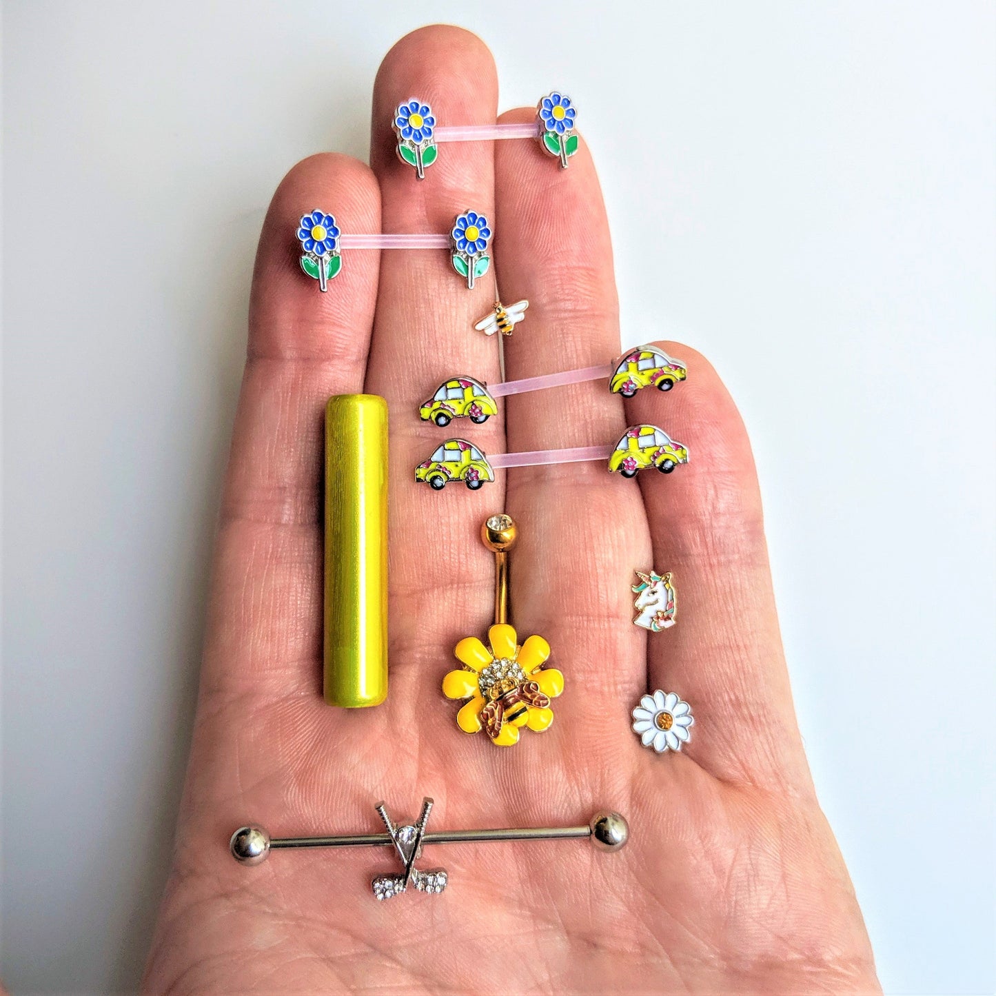 14 Gauge 9/16 Clear Bioplast Retro Hippie Car Barbell Nipple Ring Set