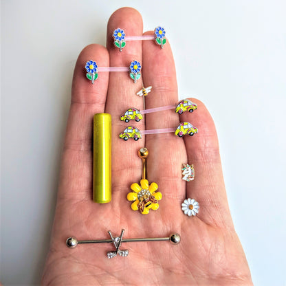 14 Gauge 9/16 Clear Bioplast Retro Hippie Car Barbell Nipple Ring Set