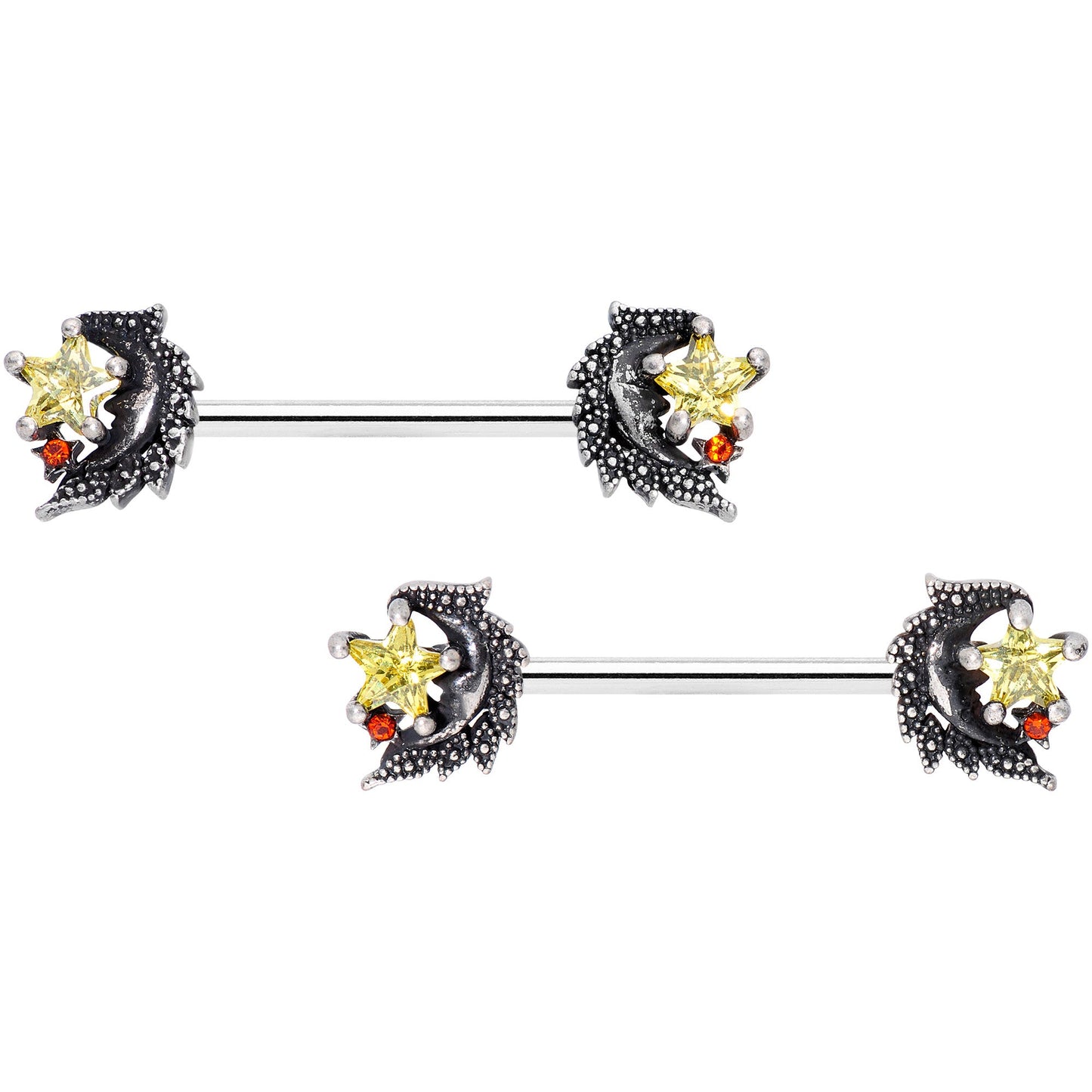 14 Gauge 9/16 Red Yellow Gem Shooting Star Barbell Nipple Ring Set