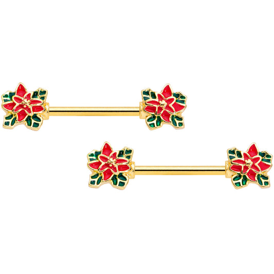 14 Gauge 9/16 Gold Tone Poinsettia Christmas Barbell Nipple Ring Set