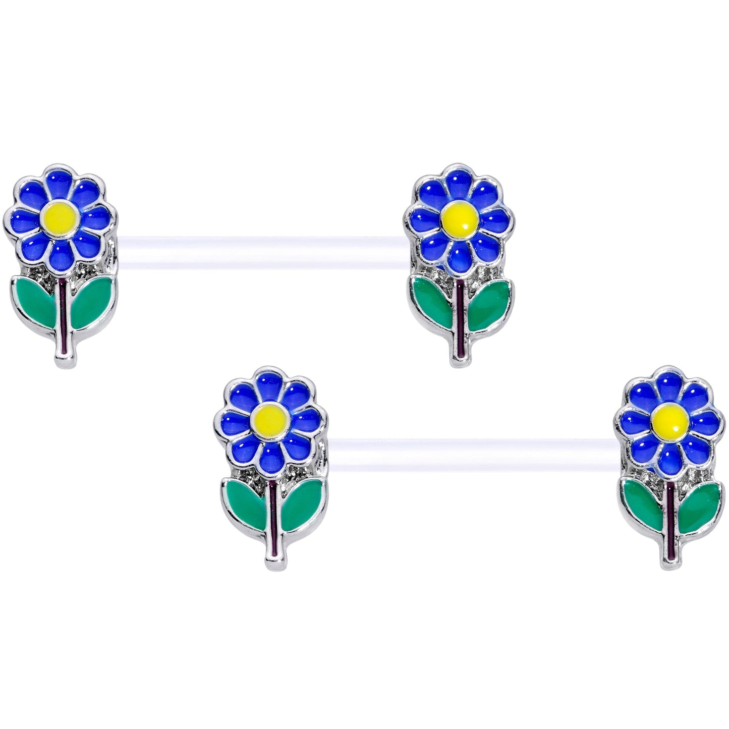 14 Gauge 9/16 Clear Bioplast Blue Hippie Flower Barbell Nipple Ring Set