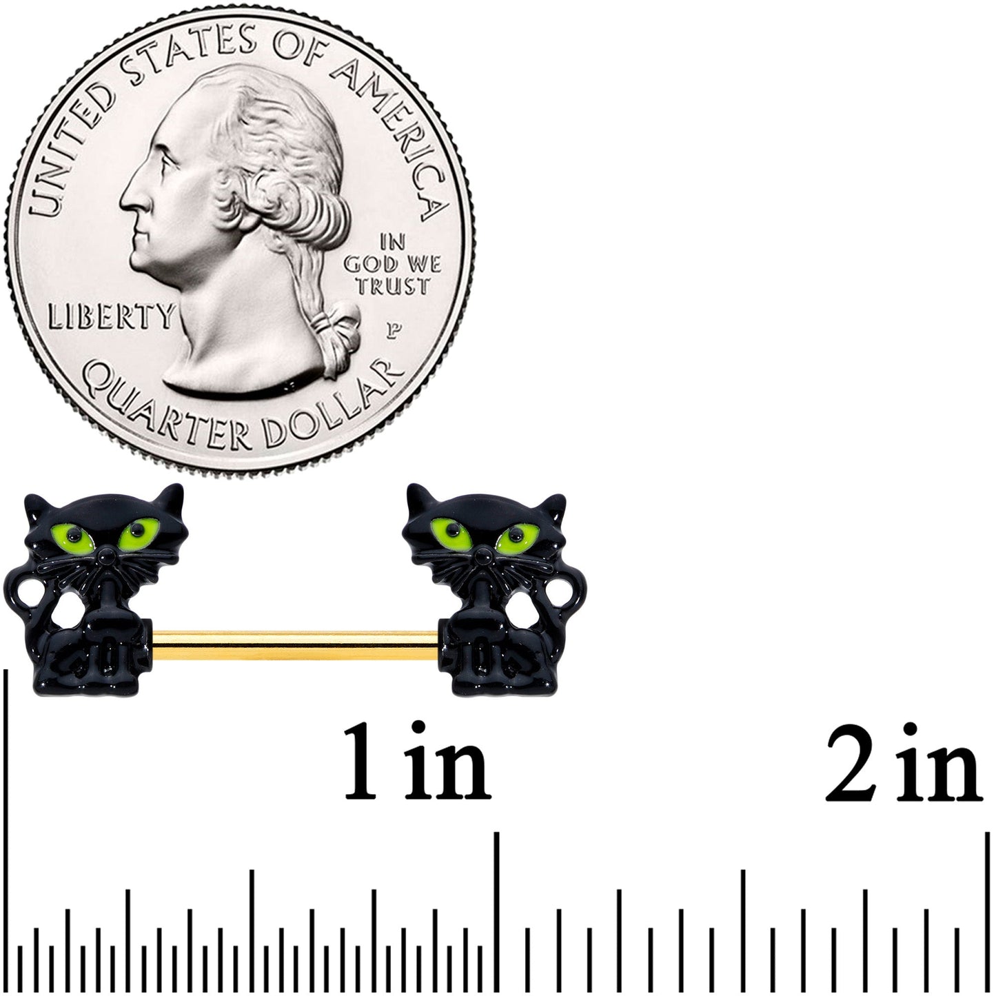 14 Gauge 9/16 Gold Tone Black Cat Halloween Barbell Nipple Ring Set