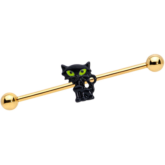 14 Gauge Gold Tone Black Cat Halloween Industrial Barbell 38mm