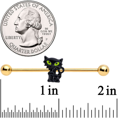 14 Gauge Gold Tone Black Cat Halloween Industrial Barbell 38mm