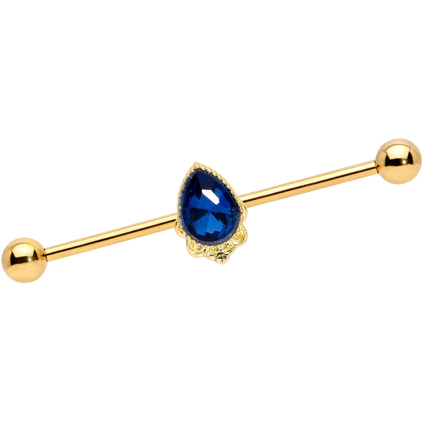 14 Gauge Blue Gem Gold Tone Noble Drop Industrial Barbell 38mm