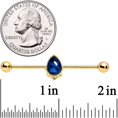 14 Gauge Blue Gem Gold Tone Noble Drop Industrial Barbell 38mm