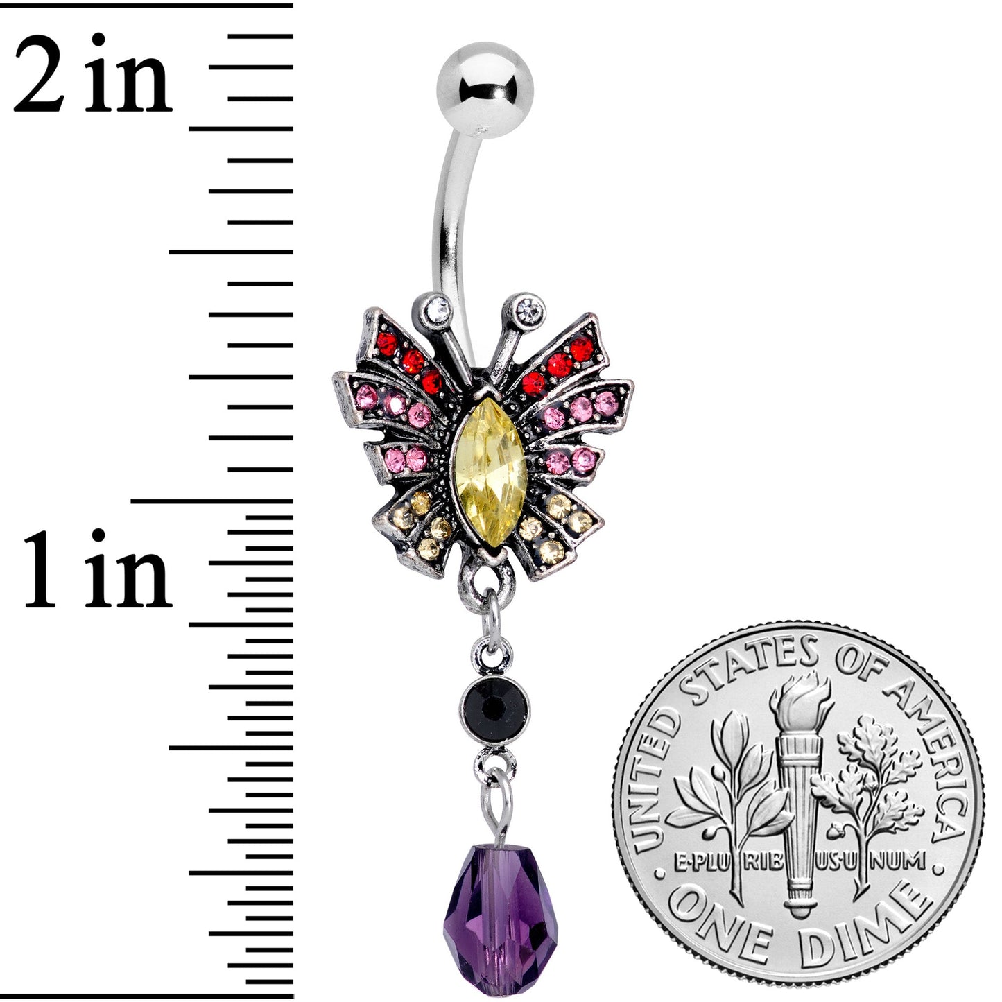 Red Yellow Purple Art Deco Butterfly Dangle Belly Ring