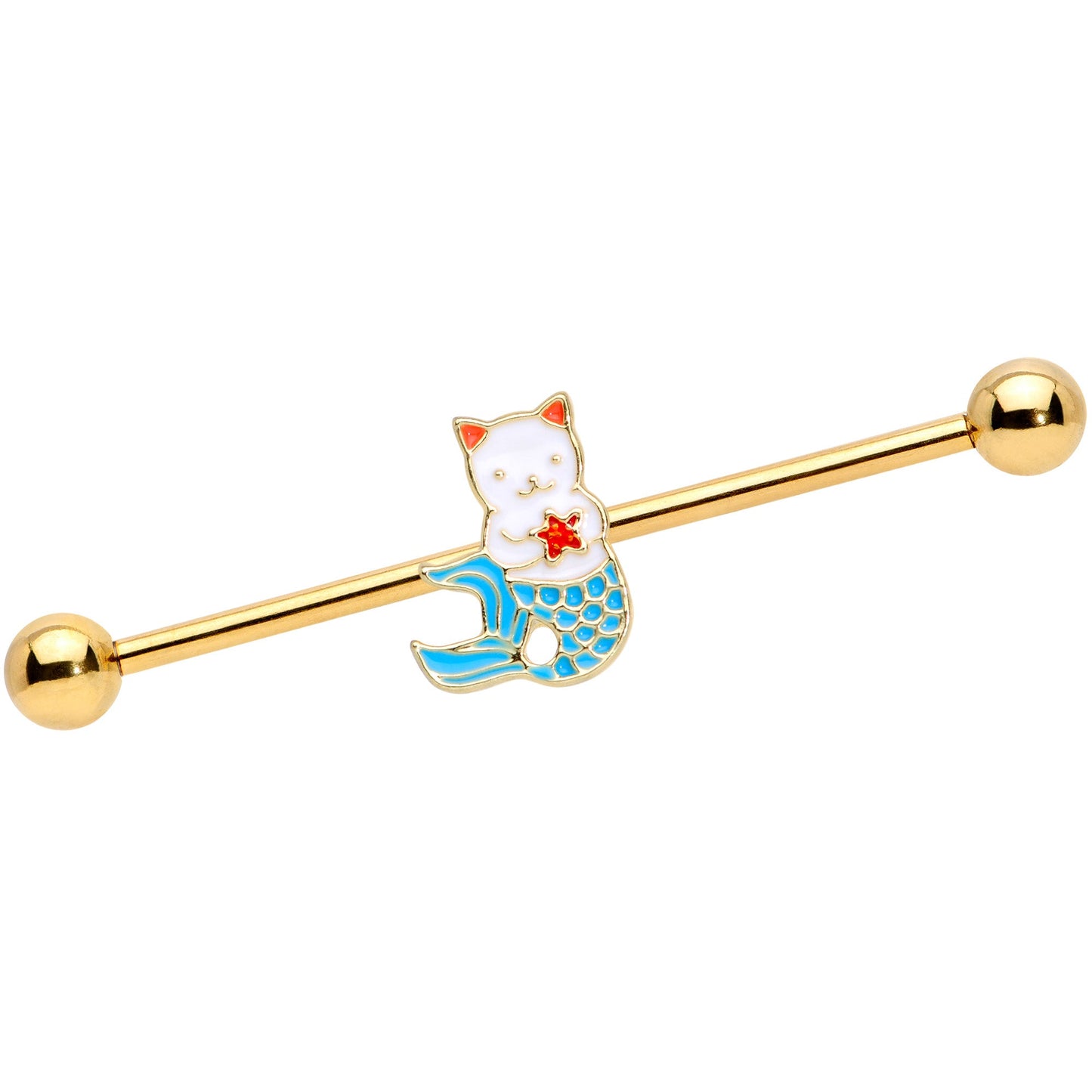 14 Gauge Gold Tone Blue White Mermaid Cat Industrial Barbell 38mm