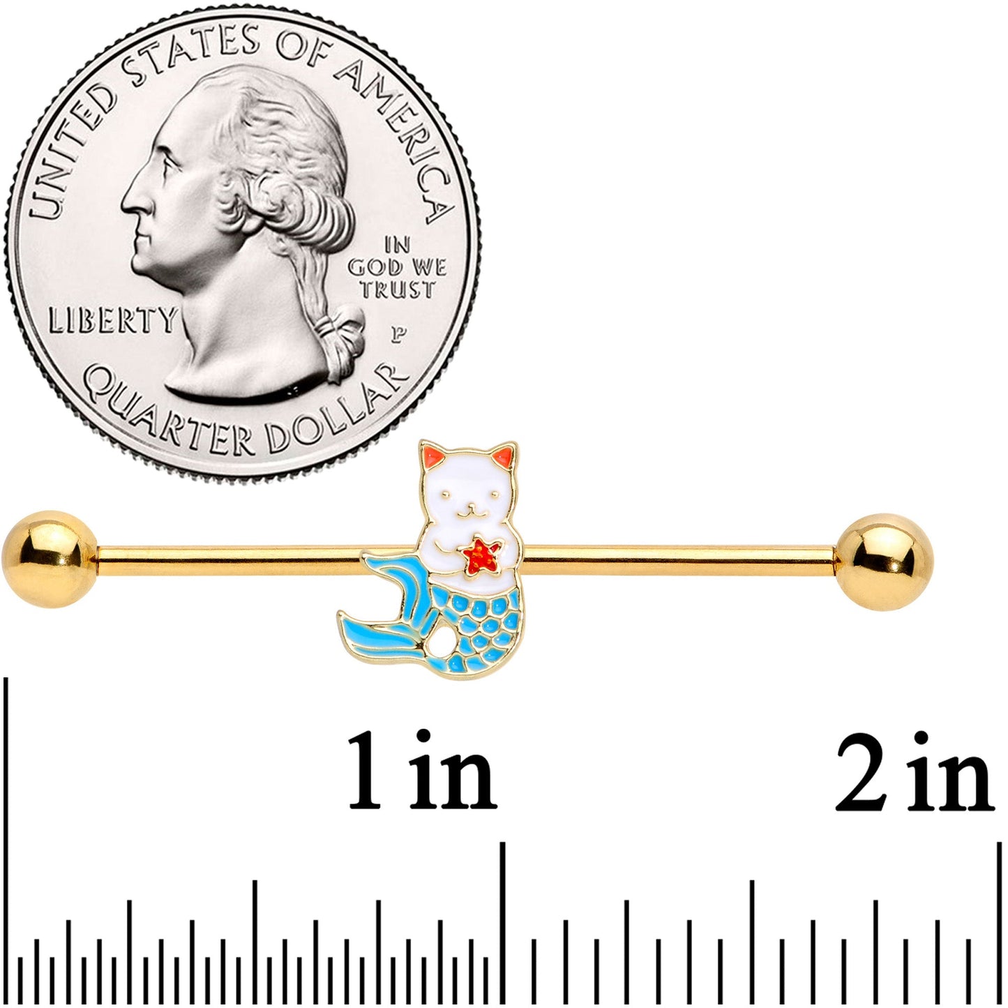 14 Gauge Gold Tone Blue White Mermaid Cat Industrial Barbell 38mm