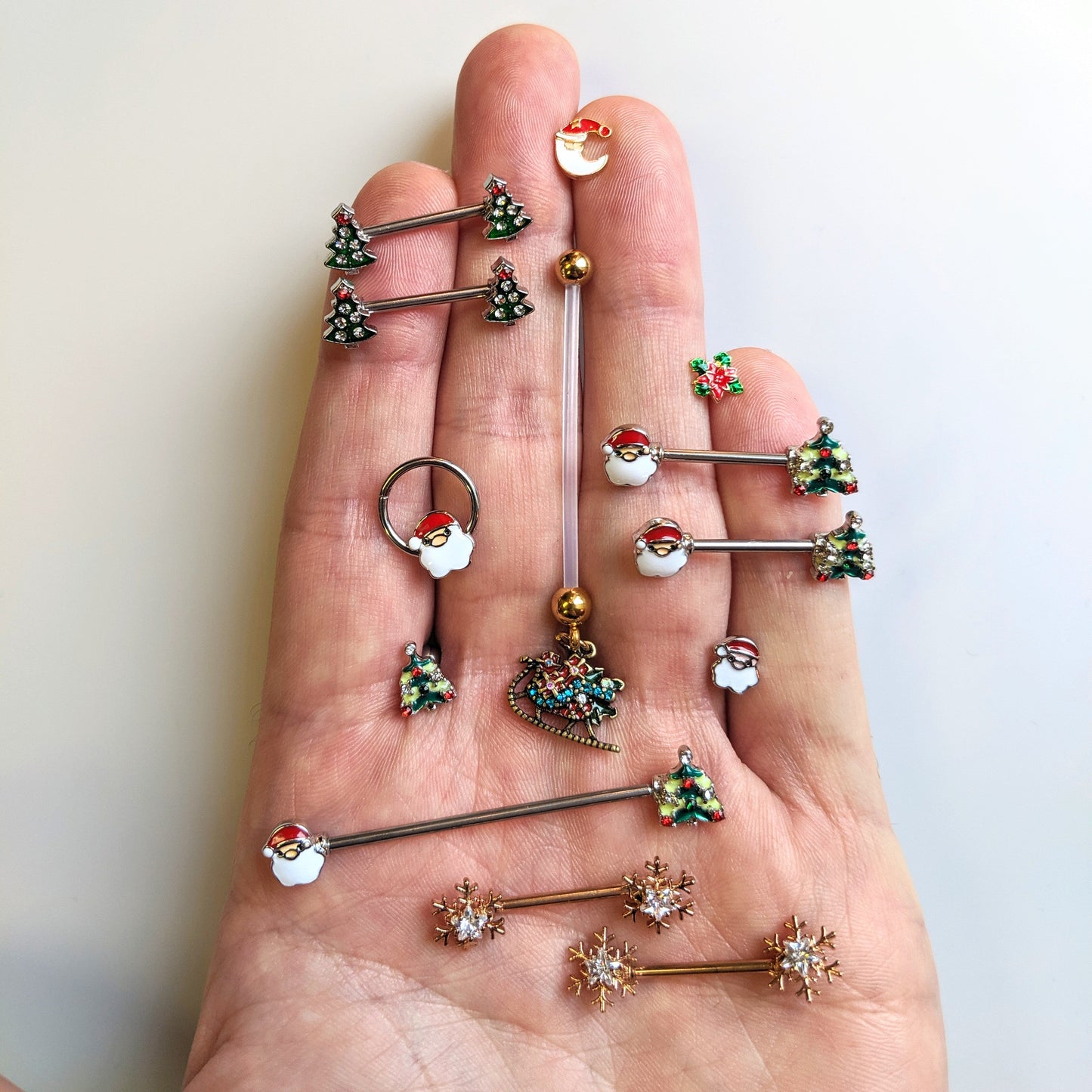 14 Gauge 9/16 Red Gem Santa Christmas Tree Barbell Nipple Ring Set