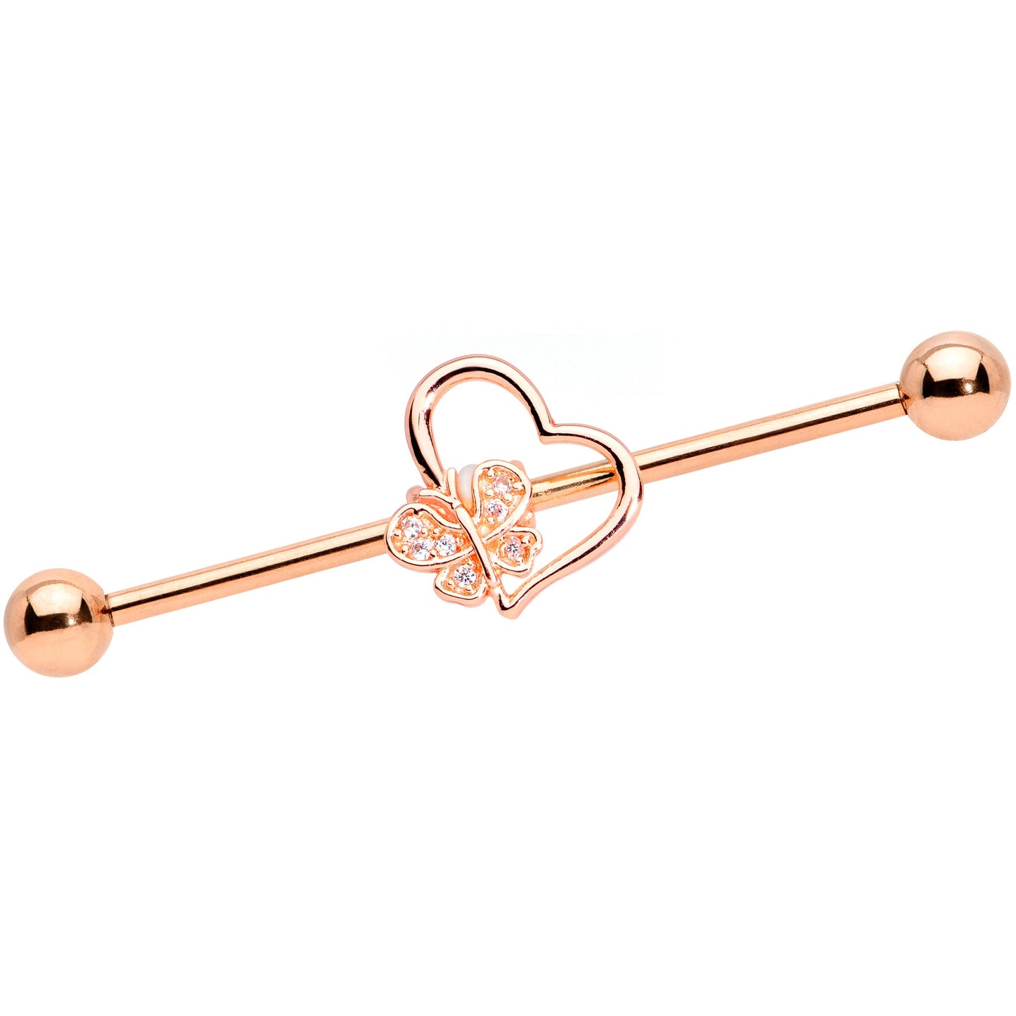 14 Gauge Clear CZ Gem Rose Gold Tone Heart Industrial Barbell 38mm