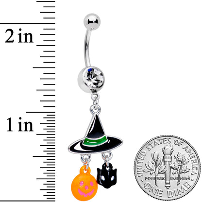 Clear Gem Witch Hat Bat Orange Pumpkin Halloween Dangle Belly Ring