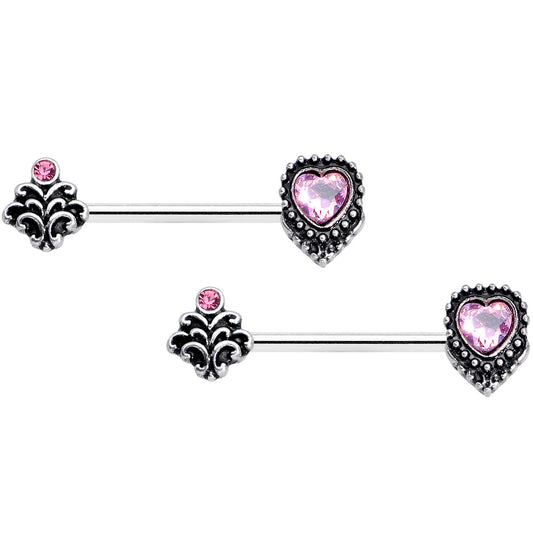 14 Gauge 9/16 Pink Gem Regal Valentines Heart Barbell Nipple Ring Set