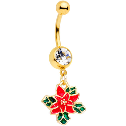 Clear Gem Gold Tone Poinsettia Christmas Dangle Belly Ring