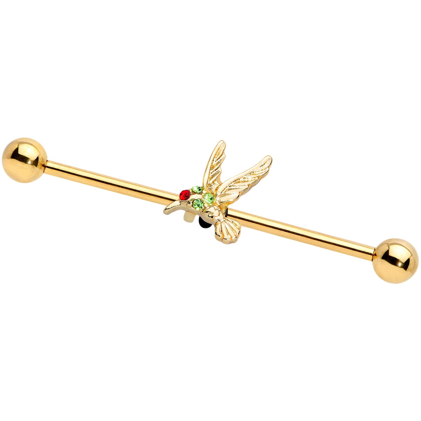 14 Gauge Green Red Gem Gold Tone Hummingbird Industrial Barbell 38mm