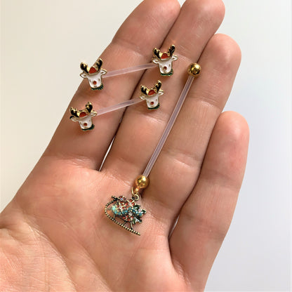 14 Gauge 9/16 Bioplast Reindeer Christmas Barbell Nipple Ring Set