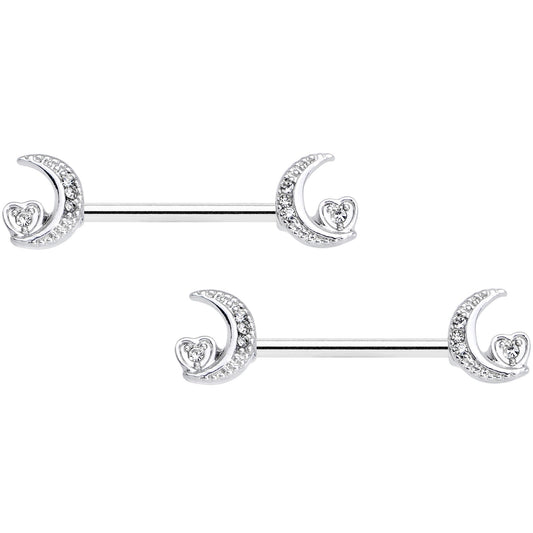 14 Gauge 9/16 Clear CZ Gem Moon Heart Barbell Nipple Ring Set