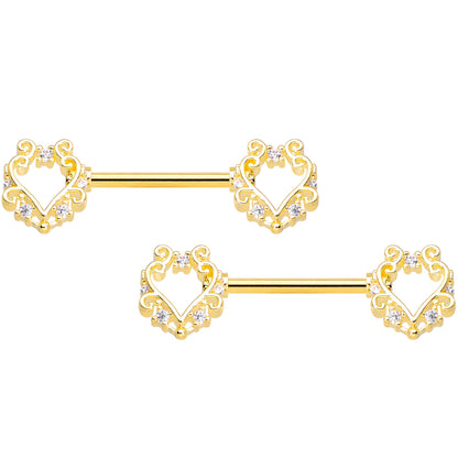 14 Gauge 9/16 Clear CZ Gem Gold Hue Fancy Heart Barbell Nipple Ring Set