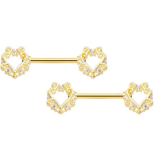 14 Gauge 9/16 Clear CZ Gem Gold Hue Fancy Heart Barbell Nipple Ring Set