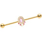 14 Gauge Pink Gem White Faux Opal Gold Tone Industrial Barbell 38mm