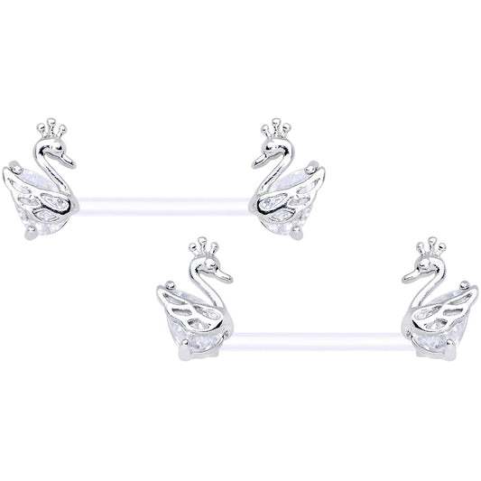 14 Gauge 9/16 Clear CZ Gem Bioplast Swan Queen Barbell Nipple Ring Set