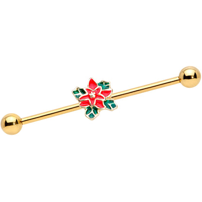 14 Gauge Gold Tone PVD Poinsettia Christmas Industrial Barbell 38mm