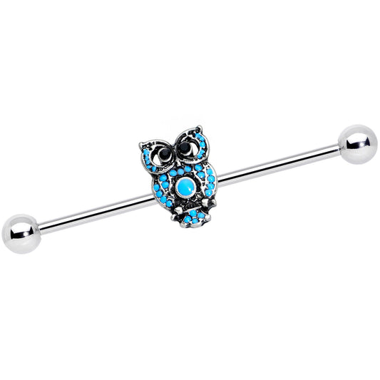 14 Gauge Black Gem Ornate Blue Owl Industrial Barbell 38mm