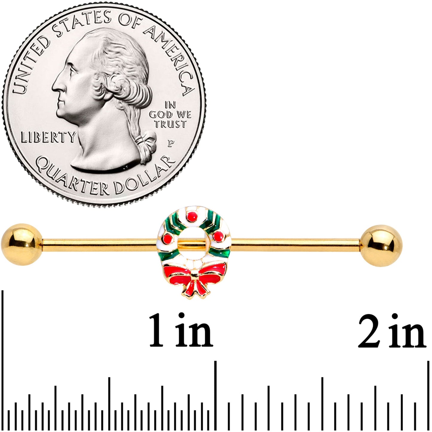 14 Gauge Gold Tone PVD Christmas Wreath Industrial Barbell 38mm