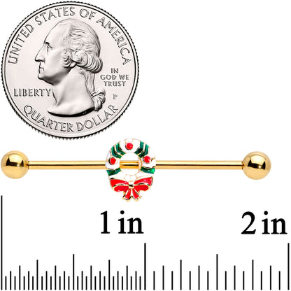 14 Gauge Gold Tone PVD Christmas Wreath Industrial Barbell 38mm