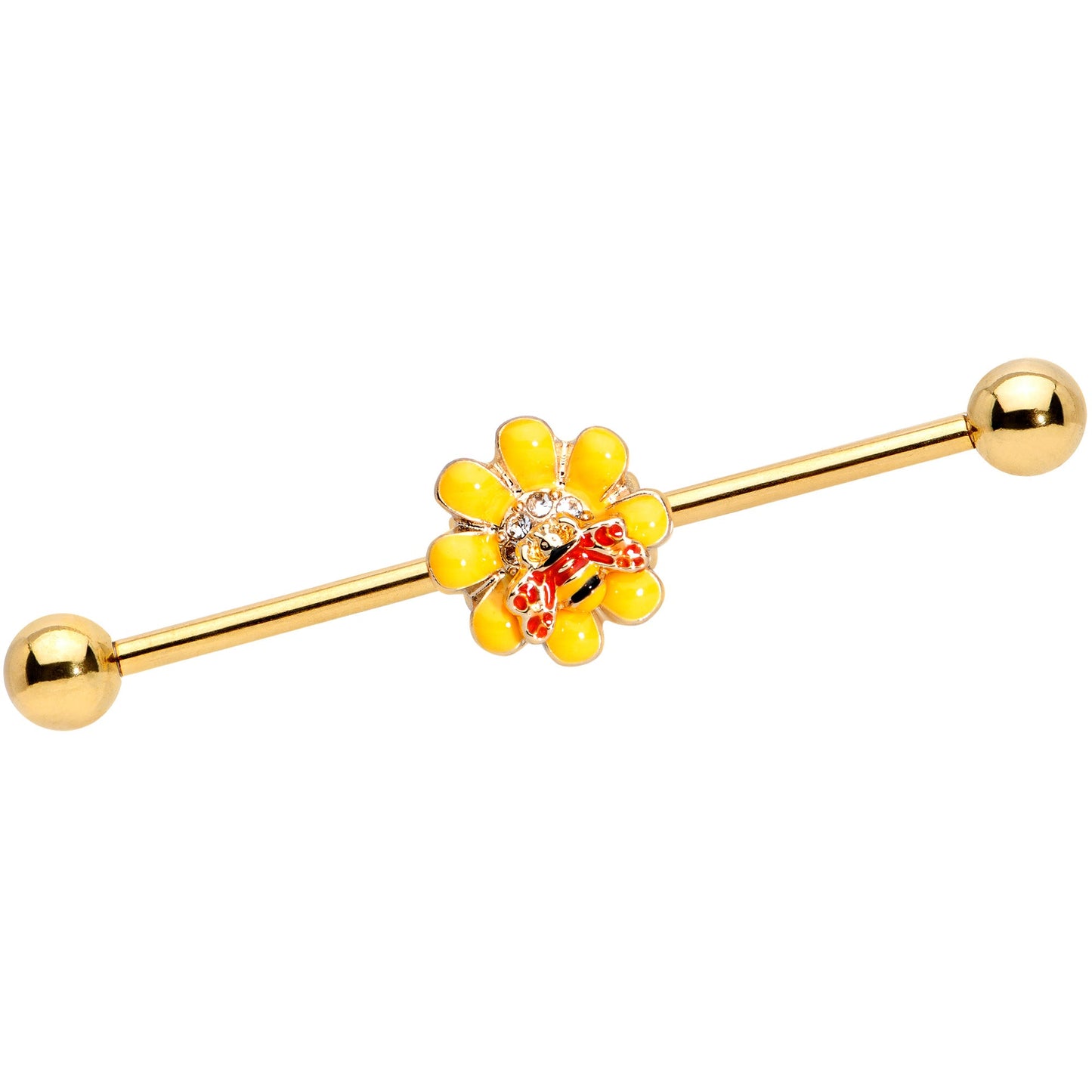 14 Gauge Clear Gem Gold Tone Yellow Bee Flower Industrial Barbell 38mm