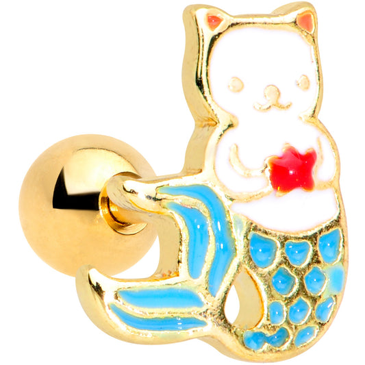 16 Gauge 1/4 Gold Tone Blue White Mermaid Cat Cartilage Tragus