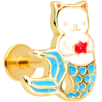 16 Gauge 5/16 Gold Tone Blue White Mermaid Cat Labret Monroe Tragus