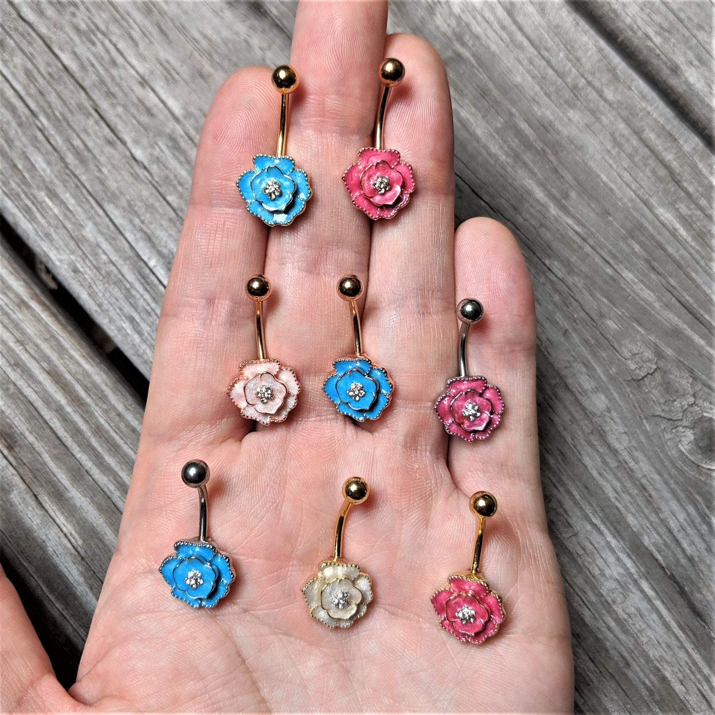 Clear Gem Rose Gold Tone Pink Rose Reversible Belly Ring