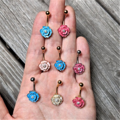 Clear Gem Rose Gold Tone Pink Rose Reversible Belly Ring