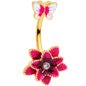 Clear Gem Gold Tone Pink Flower Butterfly Double Mount Belly Ring