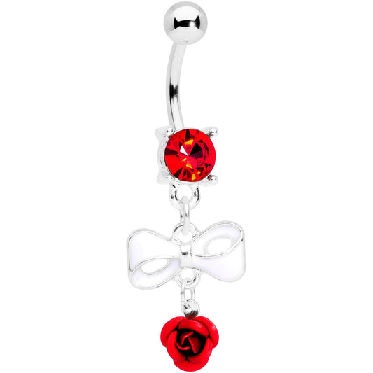 Red Gem Bow Rose Flower Dangle Belly Ring